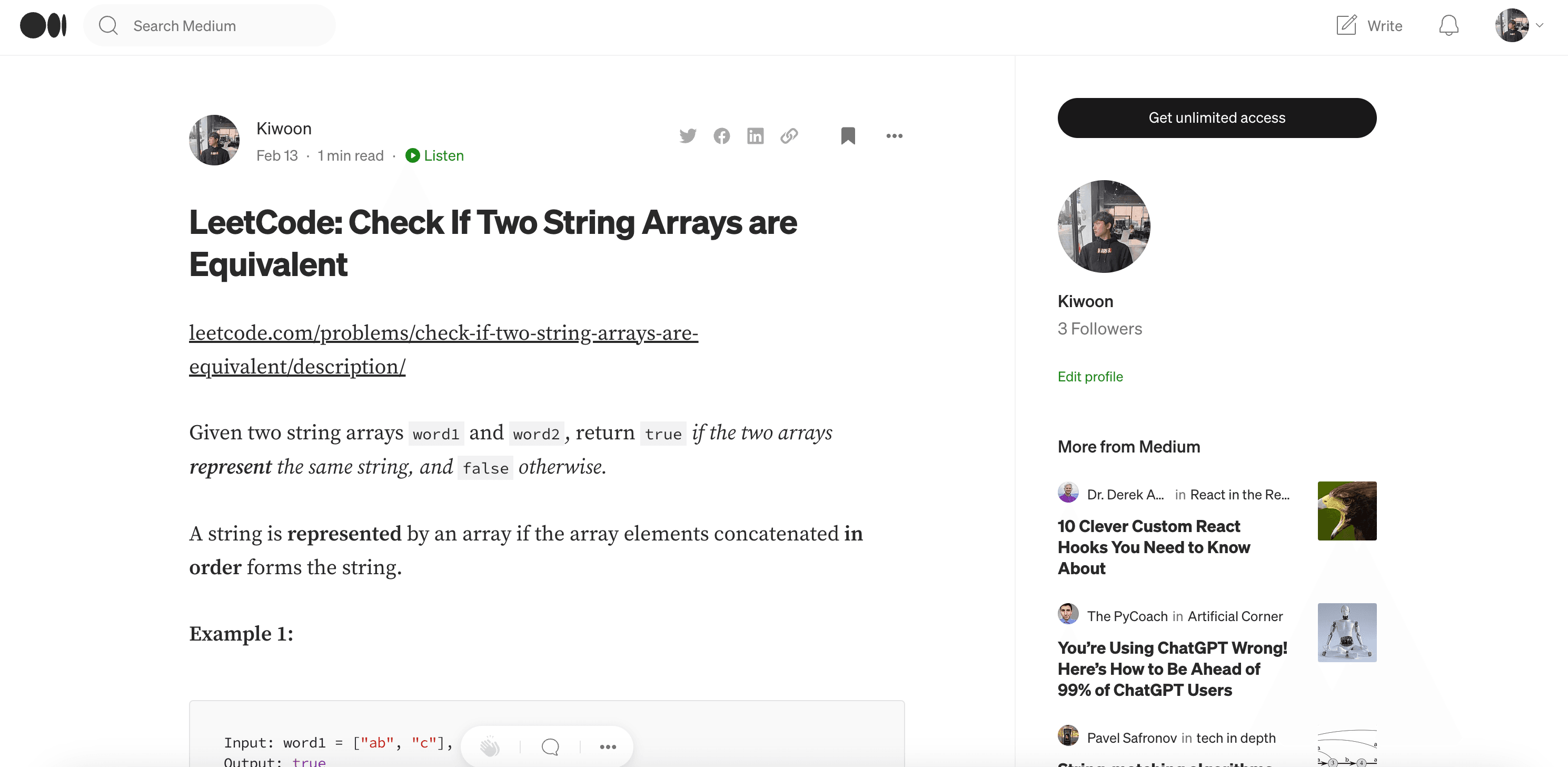 LeetCode: Check If Two String Arrays are Equivalent