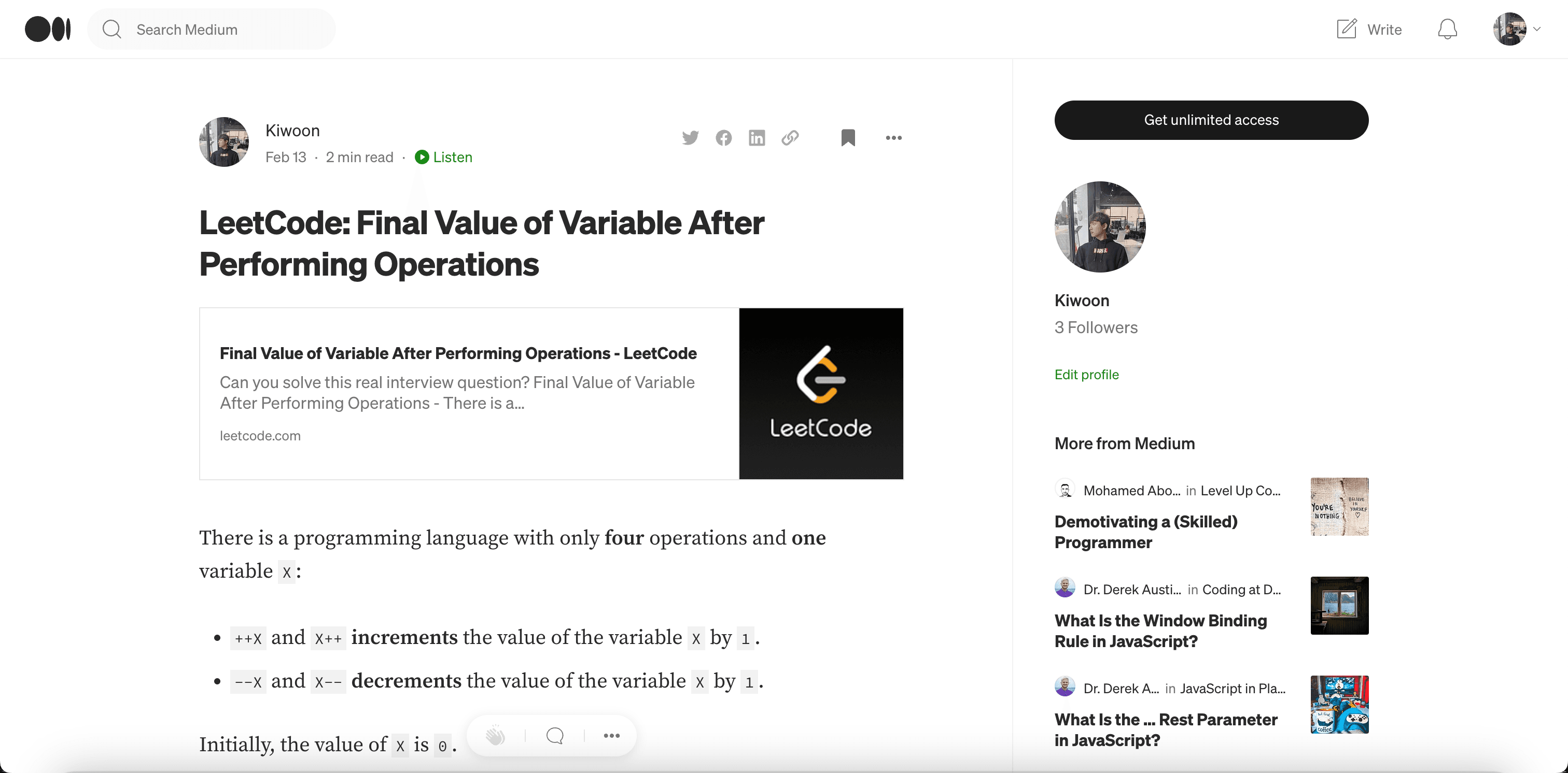 LeetCode: Final Value of Variable After Performing Operations
